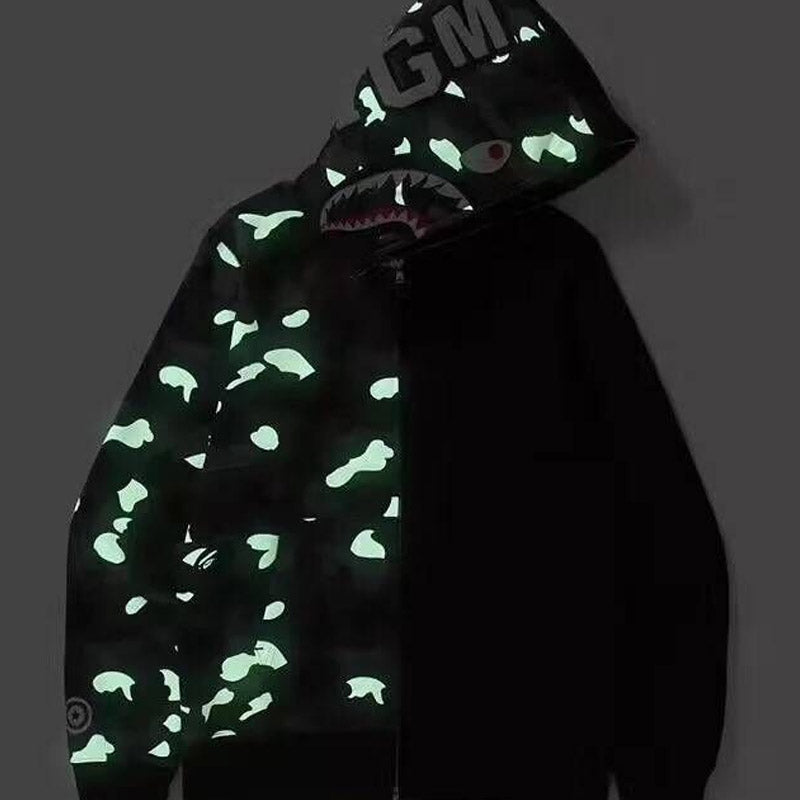 Bathing Shark and ape head print Ape Head Camouflage Stitching Sweatshirt Hooded Zipper Fleece Jacket NextBlock