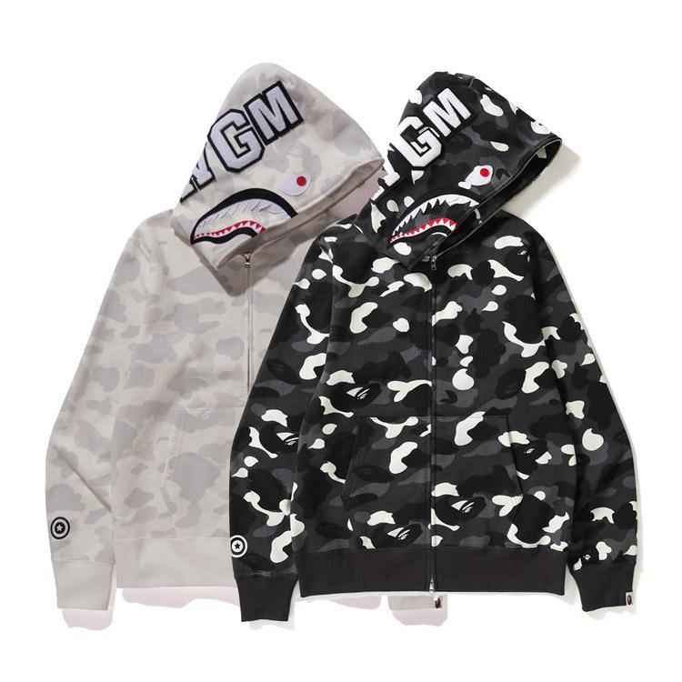 Bathing Shark and ape head print Hoodie Black and White Luminous Shark Coat Looped Fabric Hooded Shark Sweater Shark Emb NextBlock
