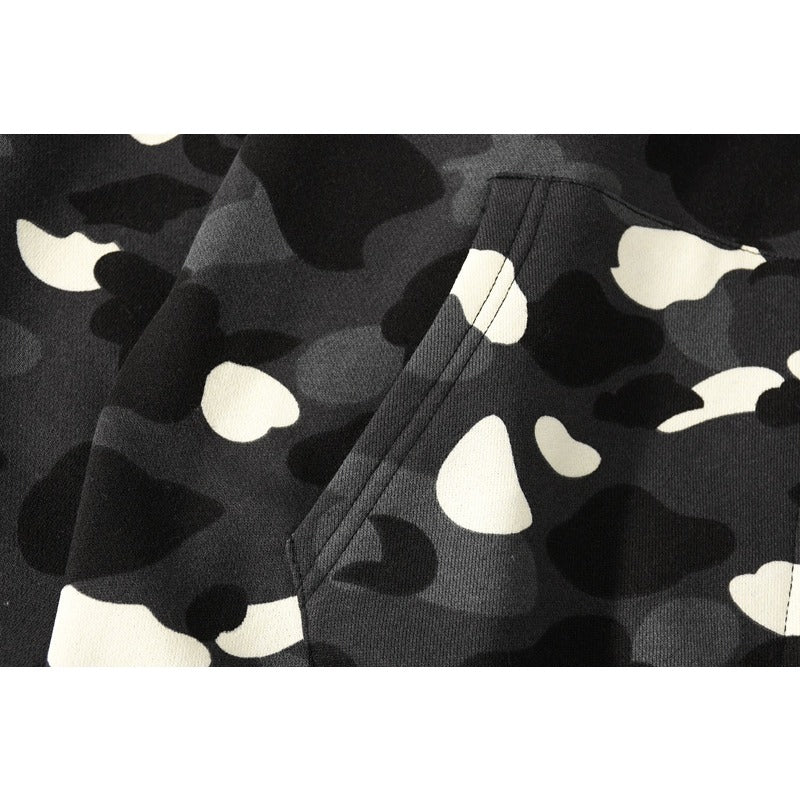 Bathing Shark and ape head print Hoodie Double Hat Luminous Camouflage Cardigan Zip Hooded Velvet Shark NextBlock