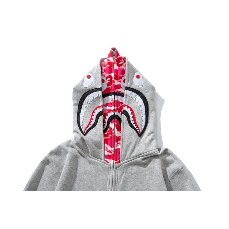 Bathing Shark and ape head print Hoodie Grey Pink Double Hood Cardigan Zip Hooded Fleece Shark NextBlock