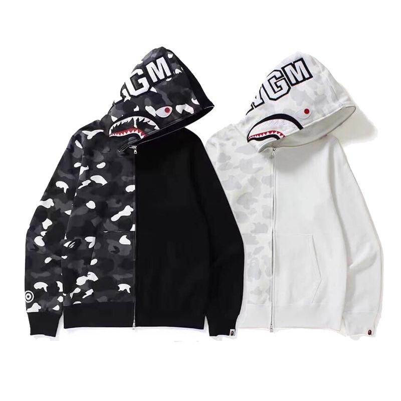 Bathing Shark and ape head print Hoodie Camouflage Stitching Sweatshirt Luminous Hooded Zipper Fleece Jacket NextBlock