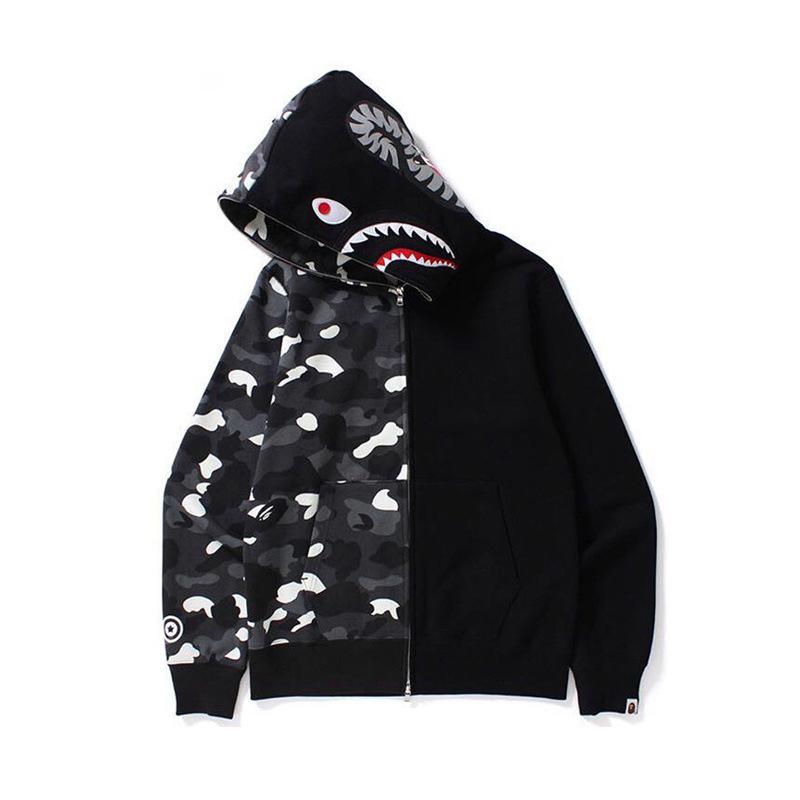 Bathing Shark and ape head print Hoodie Camouflage Stitching Sweatshirt Luminous Hooded Zipper Fleece Jacket NextBlock
