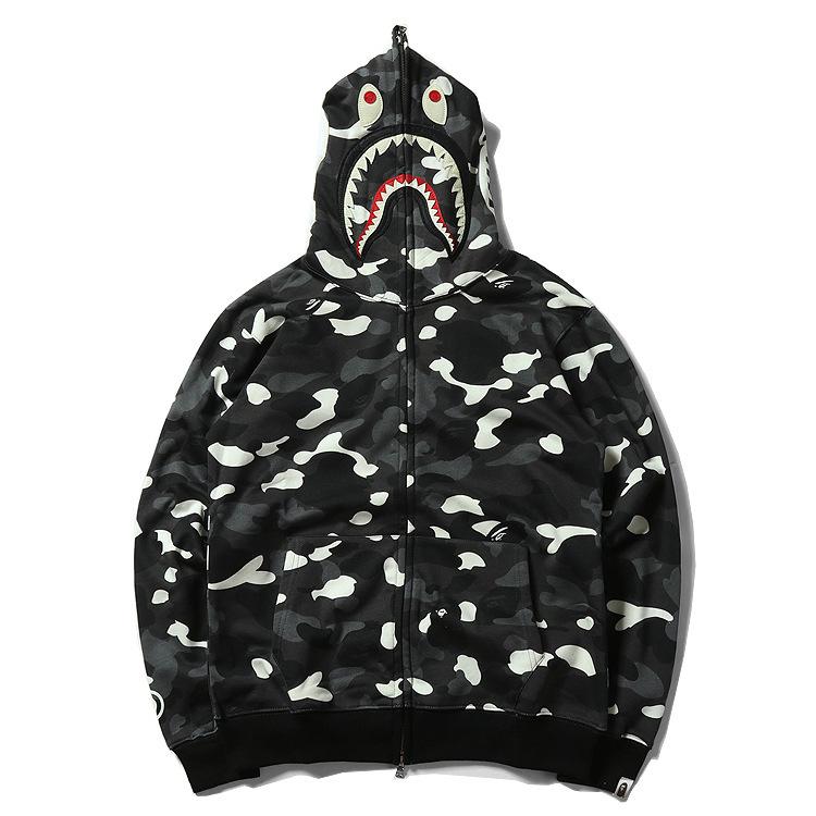 Bathing Shark and ape head print Hoodie Black and White Luminous Shark Coat Looped Fabric Hooded Shark Sweater Shark Emb NextBlock
