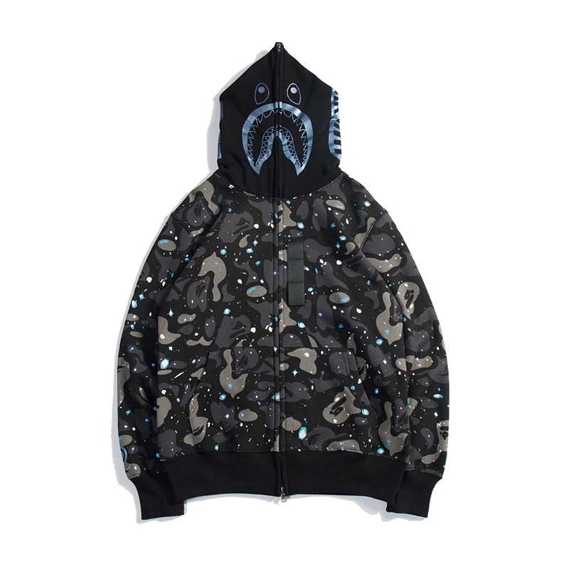 Bathing Shark and ape head print Hoodie Starry Sky Sweater Black and White Starry Sky Blue Shark Hat Printed Casual Hood NextBlock