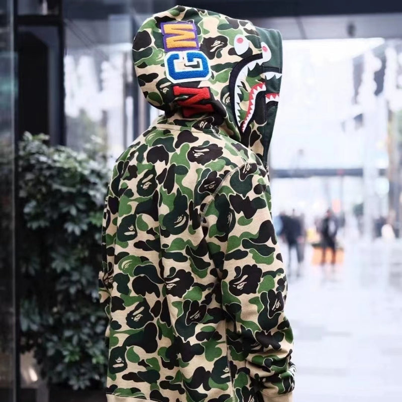 Bathing Shark and ape head print Hoodie Shark Double Hood Men's and Women's Cardigan Zip Sweater NextBlock