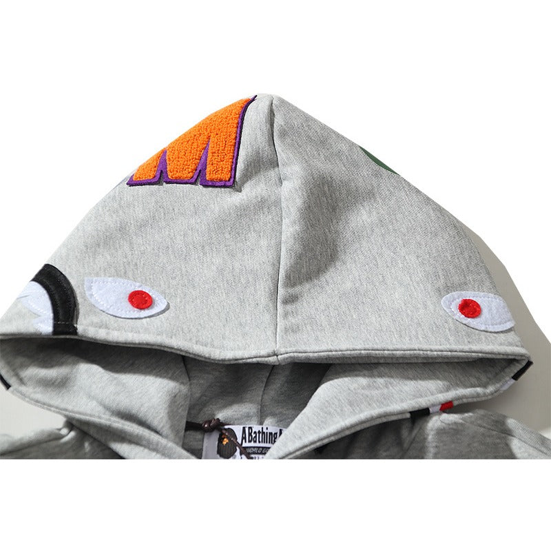 Bathing Shark and ape head print Hoodie Embroidery Solid Color Sweater Men NextBlock
