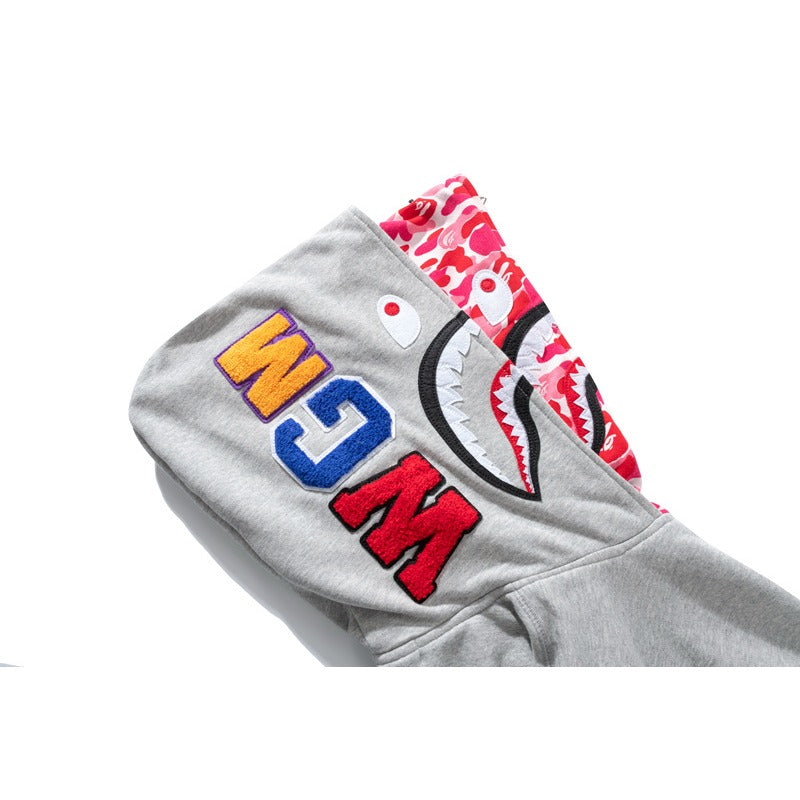 Bathing Shark and ape head print Hoodie Grey Pink Double Hood Cardigan Zip Hooded Fleece Shark NextBlock