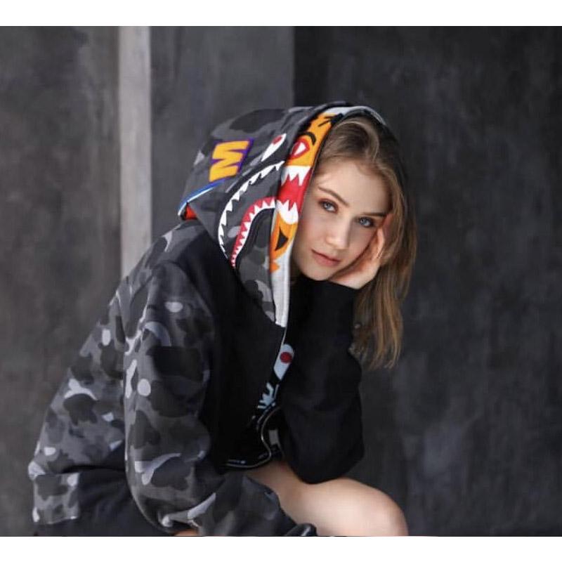 Bathing Shark and ape head print Hoodie Tiger Head Shark Double Hood Sweater Camouflage Hoodie Youth Hooded Sweater Casu NextBlock