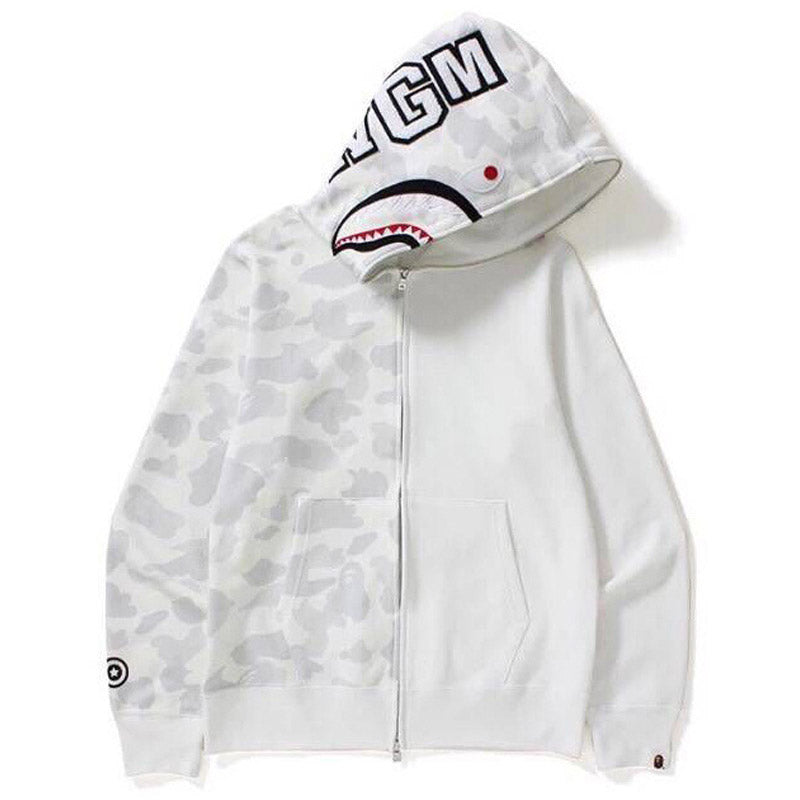 Bathing Shark and ape head print Ape Head Camouflage Stitching Sweatshirt Hooded Zipper Fleece Jacket NextBlock