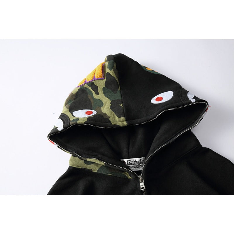 Bathing Shark and ape head print Hoodie Splicing Camouflage Sweater Cardigan Hooded NextBlock