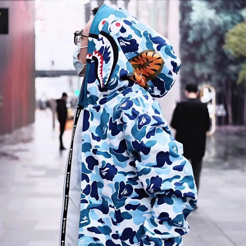 Bathing Shark and ape head print Hoodie Shark Double Hood Men's and Women's Cardigan Zip Sweater NextBlock