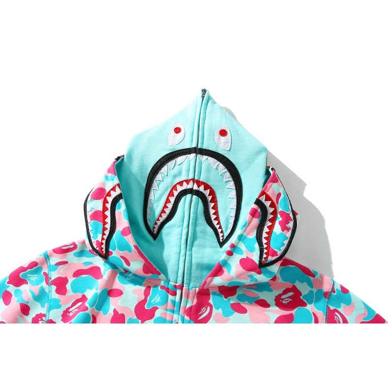 Bathing Shark and ape head print Hoodie Miami Two-Hat Cardigan Zipper Fall / Winter Velvet Shark NextBlock
