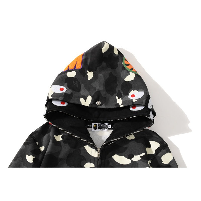 Bathing Shark and ape head print Hoodie Double Hat Luminous Camouflage Cardigan Zip Hooded Velvet Shark NextBlock