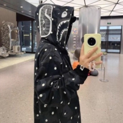 Bathing Shark and ape head print hoode BAPE polka dot black joint autum NextBlock