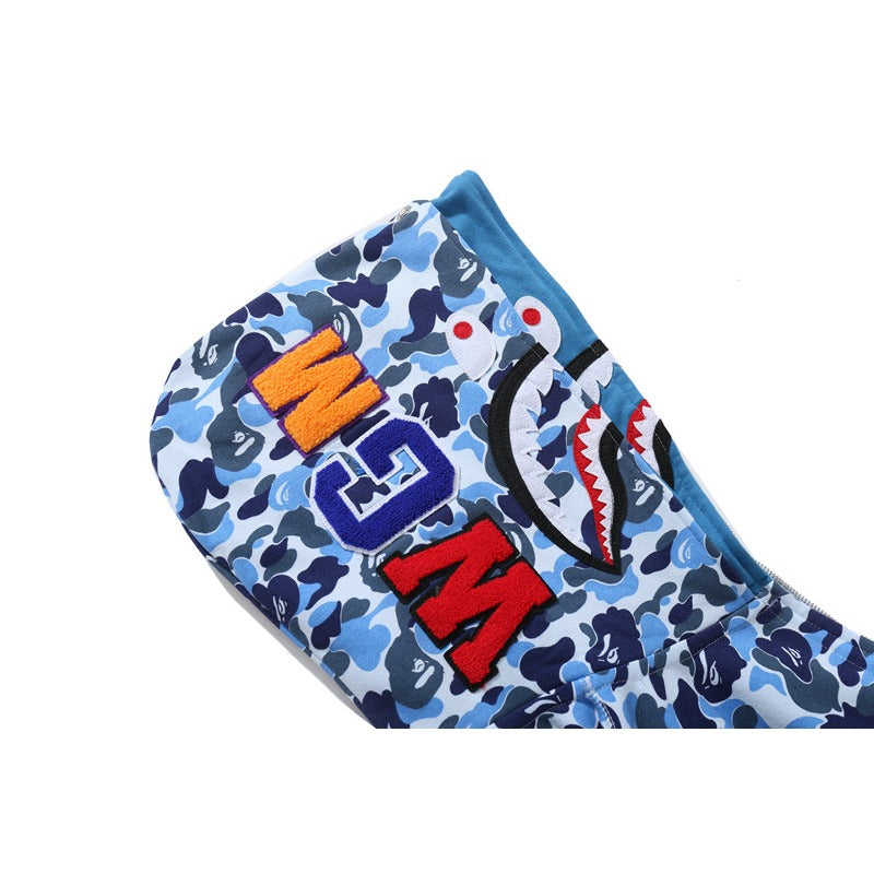 Bathing Shark and ape head print Hoodie Camouflage Double Hat Autumn / Winter Fleece Cardigan Zipper Loose Shark NextBlock