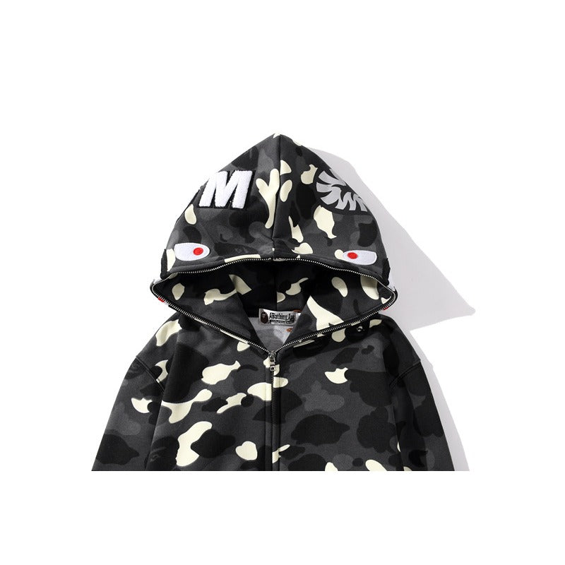 Bathing Shark and ape head print Hoodie camouflage luminous sweater men's autumn and winter cardigan NextBlock