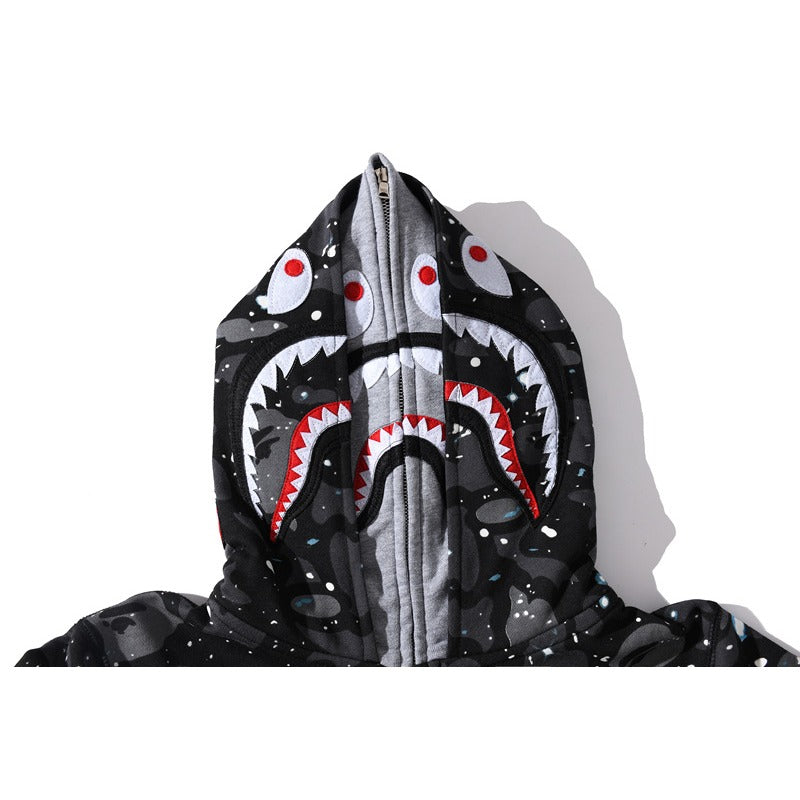 Bathing Shark and ape head print Hoodie Luminous Starry Sky Two-Hat Cardigan Zipper Velvet Shark NextBlock
