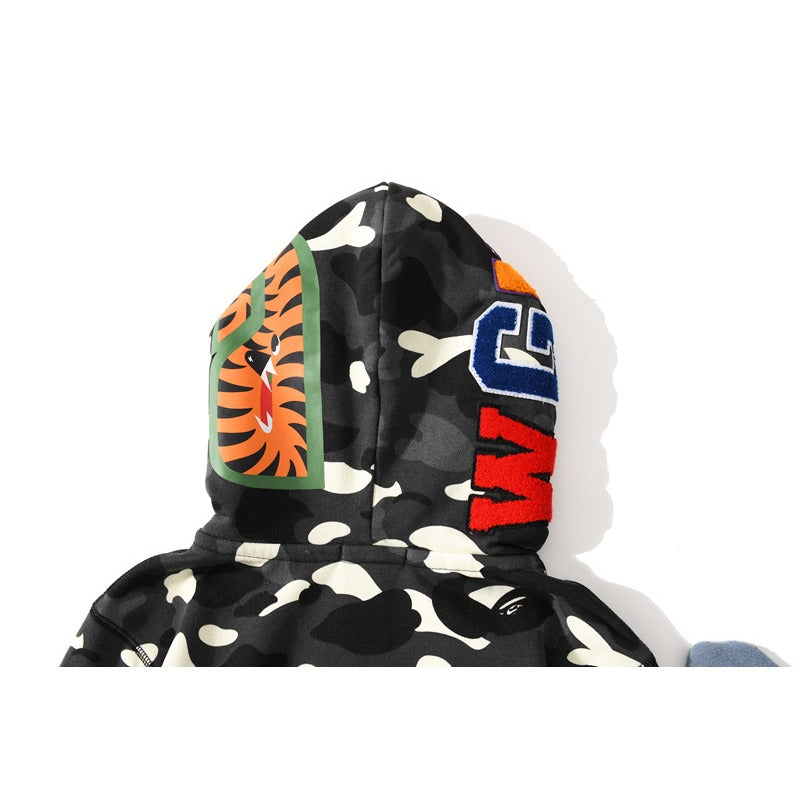 Bathing Shark and ape head print Hoodie Double Hat Luminous Camouflage Cardigan Zip Hooded Velvet Shark NextBlock