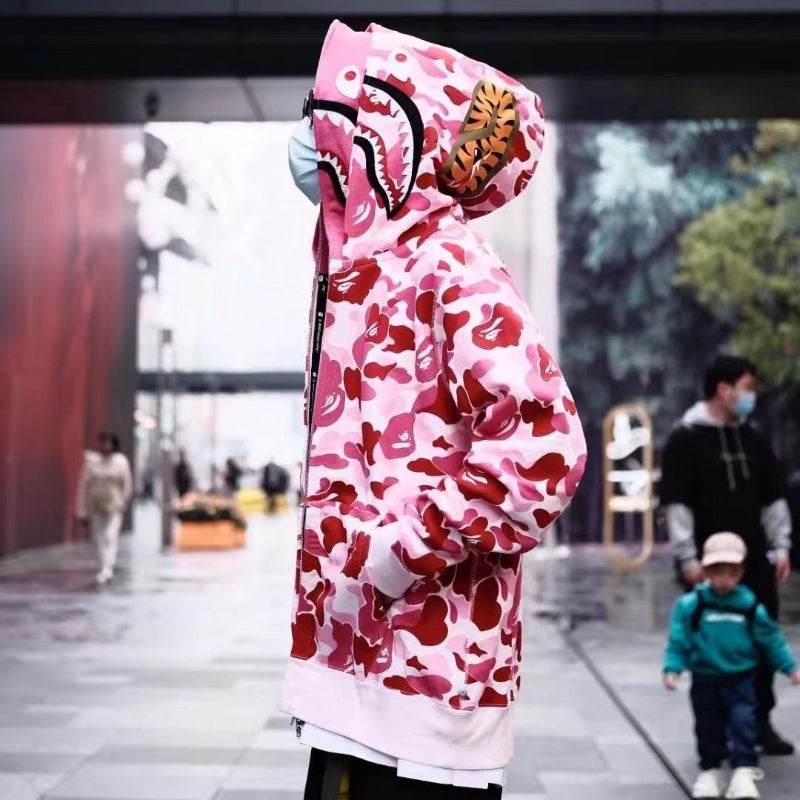 Bathing Shark and ape head print Hoodie Shark Double Hood Men's and Women's Cardigan Zip Sweater NextBlock