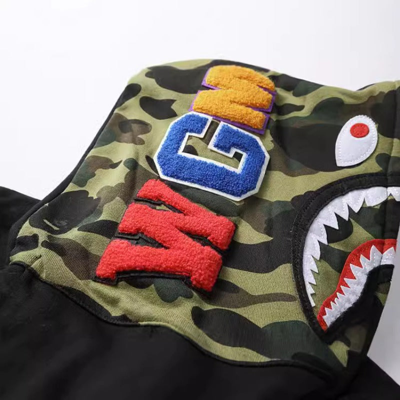 Bathing Shark and ape head print Hoodie Splicing Camouflage Sweater Cardigan Hooded NextBlock