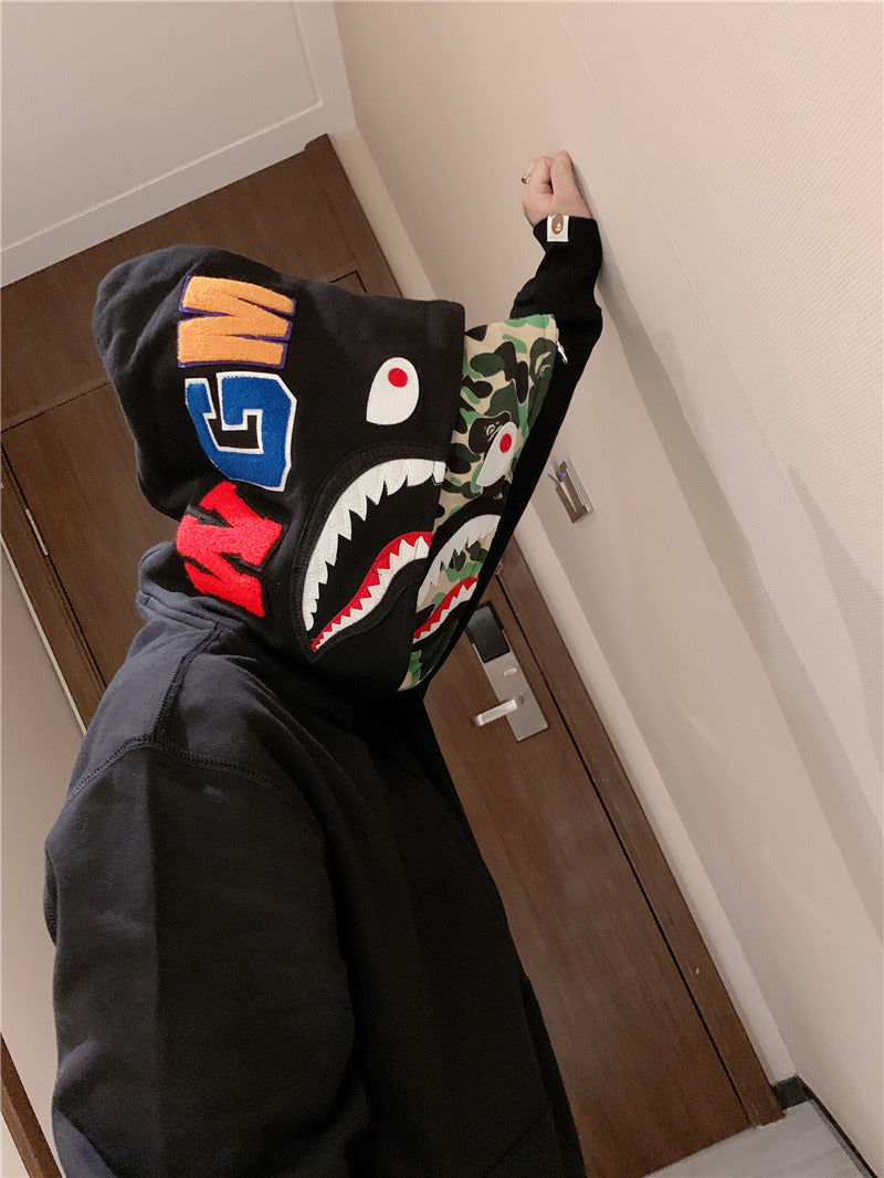 Bathing Shark and ape head print Hoodie Camouflage Cardigan Men's and Women's Sweater Hoodie Coat NextBlock