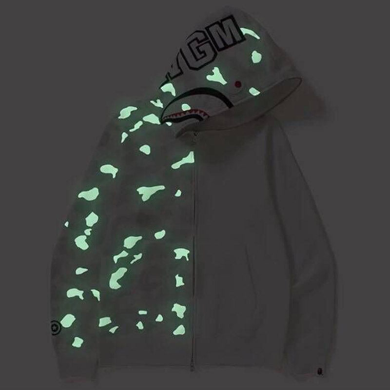 Bathing Shark and ape head print Ape Head Camouflage Stitching Sweatshirt Hooded Zipper Fleece Jacket NextBlock