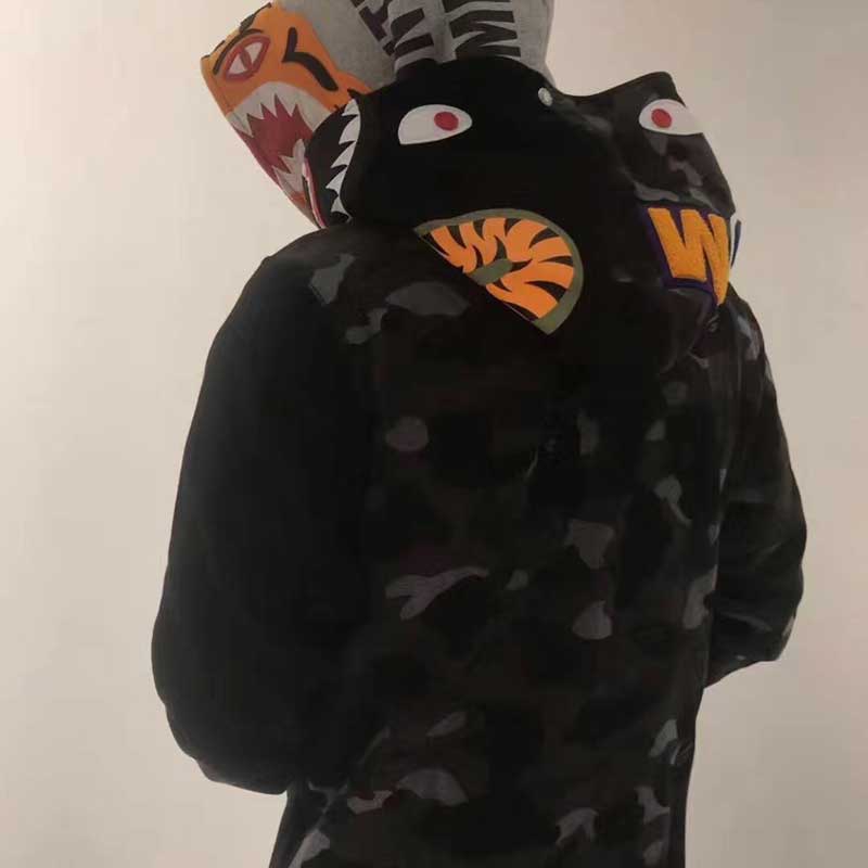 Bathing Shark and ape head print Tiger Head Shark Double Hoodie Sweater Camouflage Hoodie Thin Velvet Terry Hoodie NextBlock