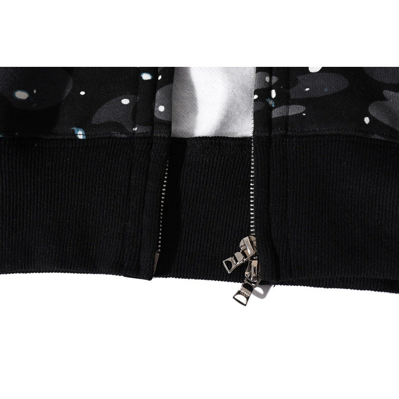 Bathing Shark and ape head print Hoodie Luminous Starry Sky Two-Hat Cardigan Zipper Velvet Shark NextBlock