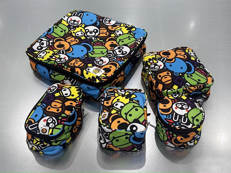 Bathing Shark and ape head print Bag Green Camouflage Little Monkey Storage Bag Five-piece Set NextBlock