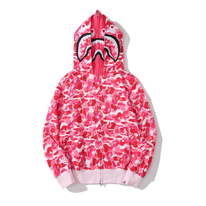 Bathing Shark and ape head print Hoodie Shark Double Hood Men's and Women's Cardigan Zip Sweater NextBlock