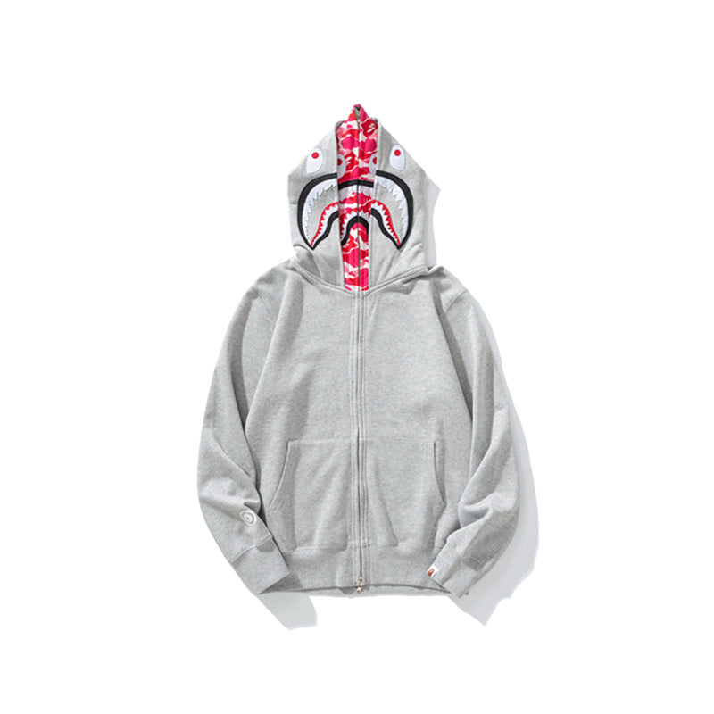 Bathing Shark and ape head print Hoodie Grey Pink Double Hood Cardigan Zip Hooded Fleece Shark NextBlock