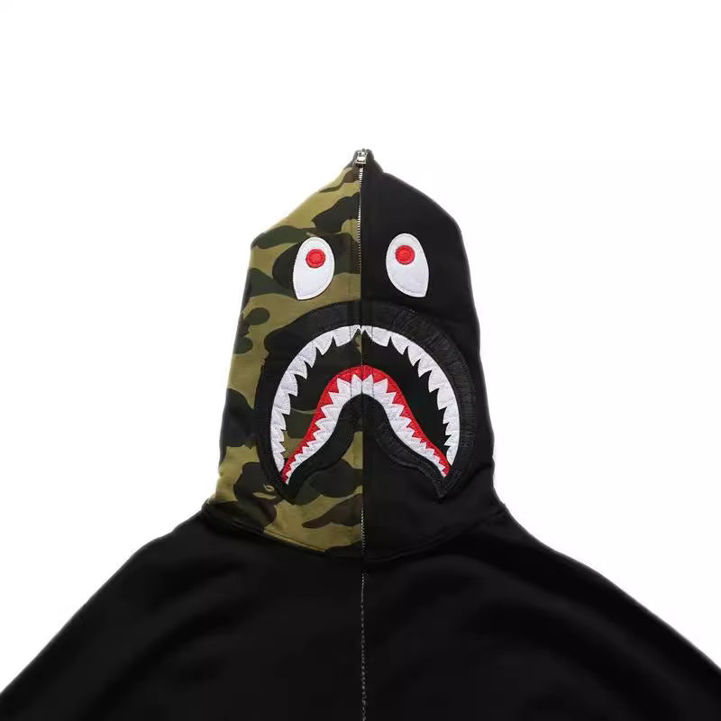 Bathing Shark and ape head print Hoodie Splicing Camouflage Sweater Male Shark Autumn NextBlock