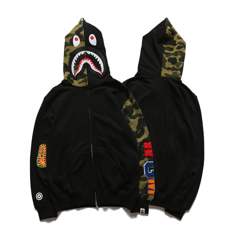 Bathing Shark and ape head print Hoodie Splicing Camouflage Sweater Male Shark Autumn NextBlock