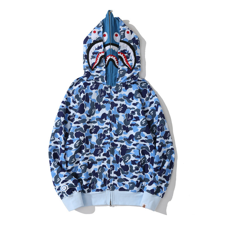 Bathing Shark and ape head print Hoodie Shark Double Hood Men's and Women's Cardigan Zip Sweater NextBlock