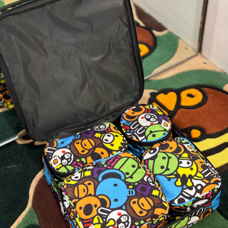 Bathing Shark and ape head print Bag Green Camouflage Little Monkey Storage Bag Five-piece Set NextBlock