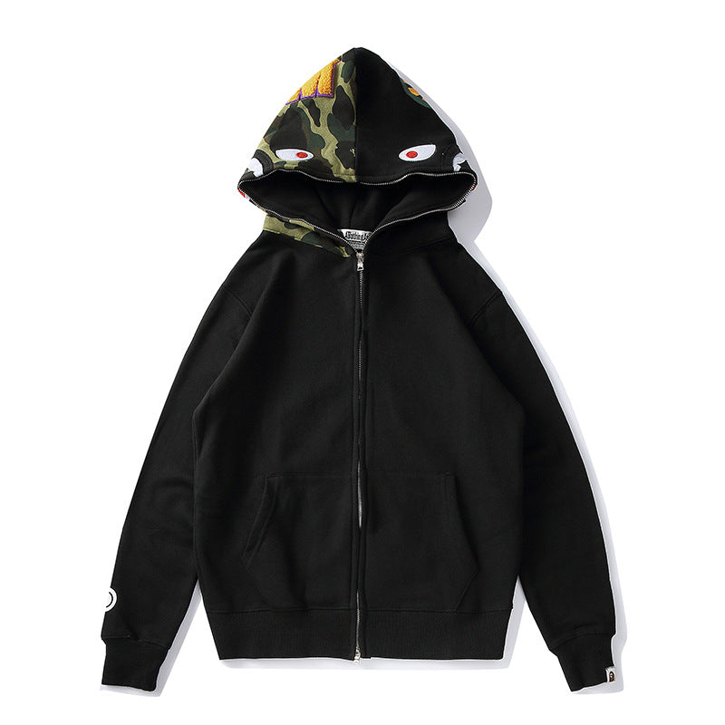 Bathing Shark and ape head print Hoodie Splicing Camouflage Sweater Cardigan Hooded NextBlock