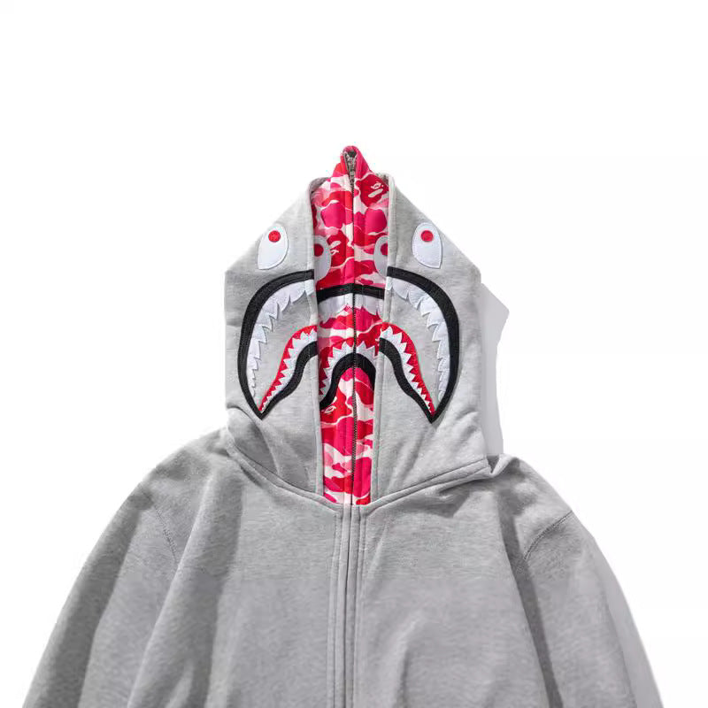 Bathing Shark and ape head print Hoodie Grey Pink Double Hood Cardigan Zip Hooded Fleece Shark NextBlock