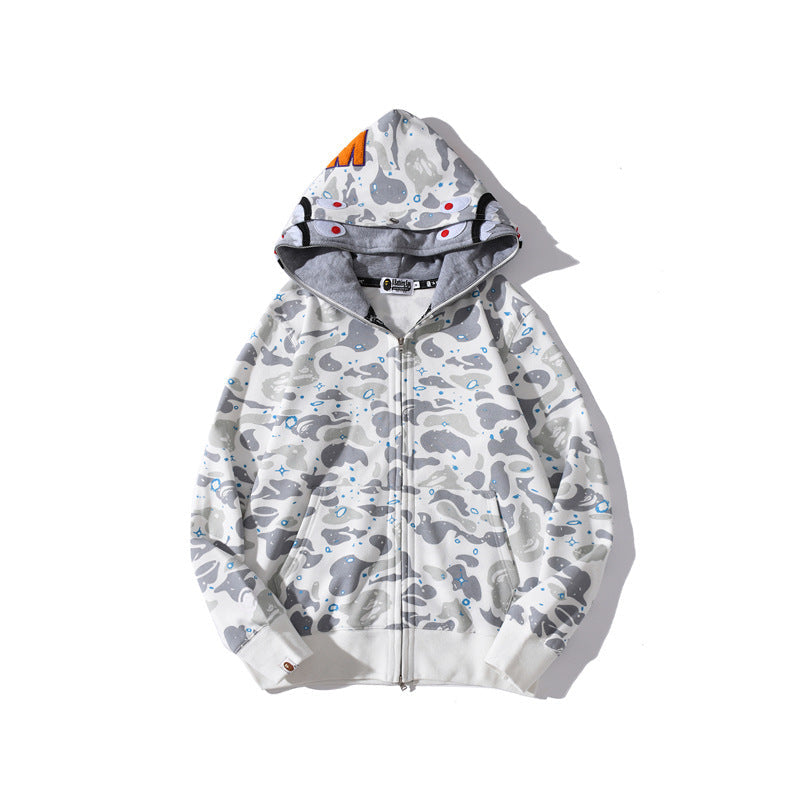 Bathing Shark and ape head print Hoodie Luminous Starry Sky Two-Hat Cardigan Zipper Velvet Shark NextBlock