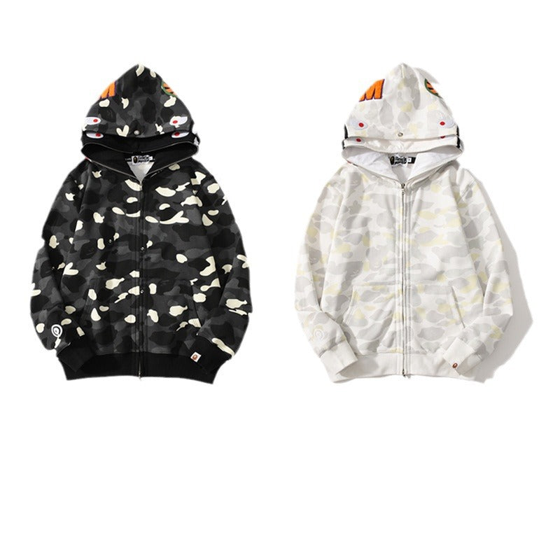 Bathing Shark and ape head print Hoodie Double Hat Luminous Camouflage Cardigan Zip Hooded Velvet Shark NextBlock