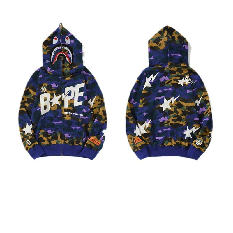 Bathing Shark and ape head print Hoodie Shark Head Star Camo Sweater NextBlock
