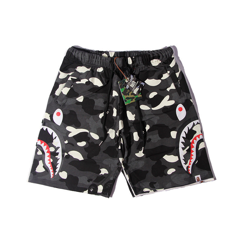 Bathing Shark and ape head print Shorts Camo luminous shark side print five-point pants straight beach pants NextBlock