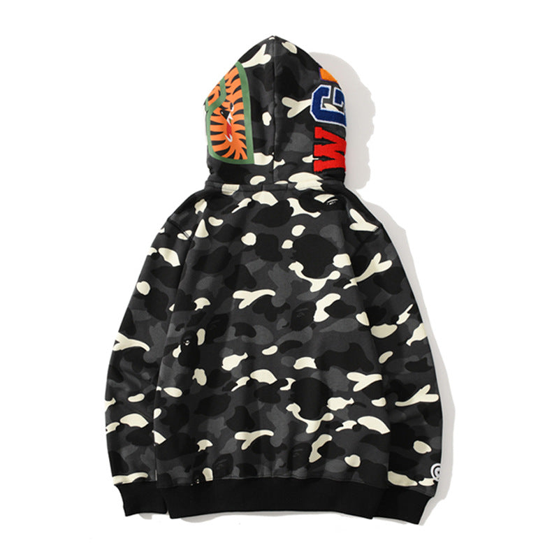 Bathing Shark and ape head print Hoodie Double Hat Luminous Camouflage Cardigan Zip Hooded Velvet Shark NextBlock