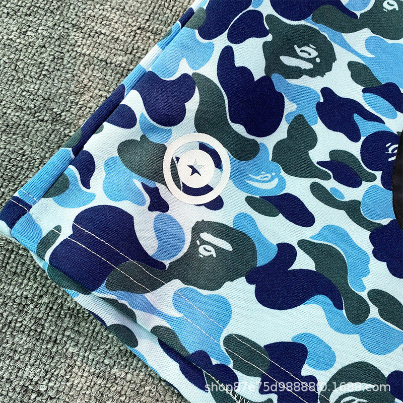 Bathing Shark and ape head print Shorts Camo Alphabet Shark Straight Beach Pants NextBlock