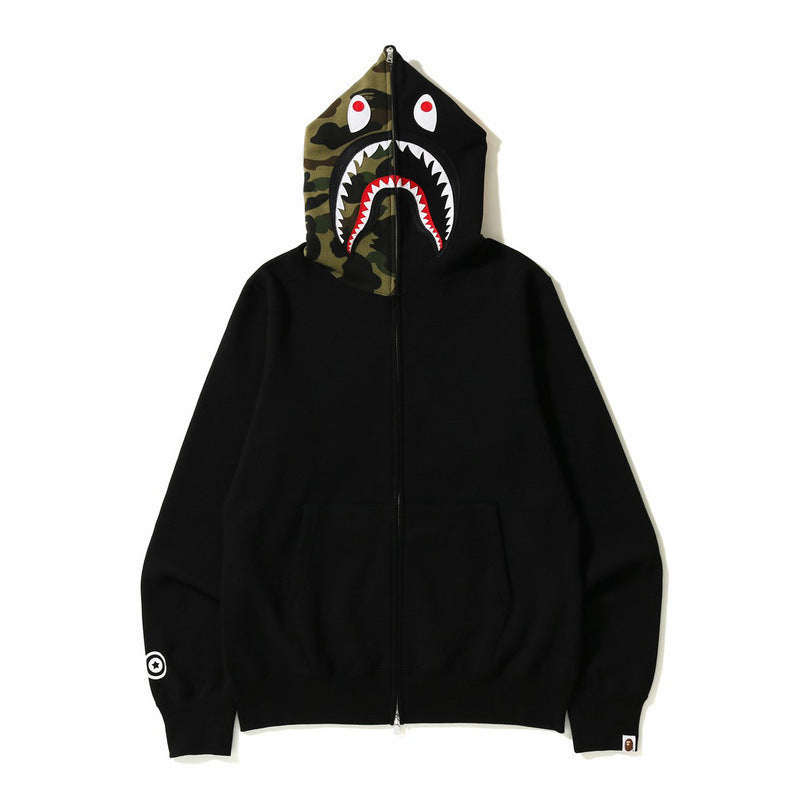 Bathing Shark and ape head print Autumn and Winter Men's Cotton Shark Head Camouflage Patchwork Hoodie Fleece Jacket NextBlock