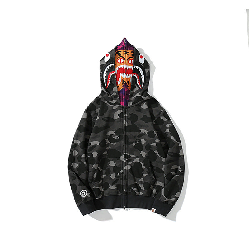 Bathing Shark and ape head print Hoodie Camouflage Shark Tiger Head Double Hat Sweater NextBlock