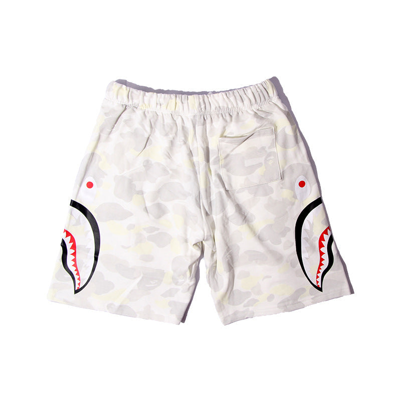 Bathing Shark and ape head print Shorts Camo luminous shark side print five-point pants straight beach pants NextBlock