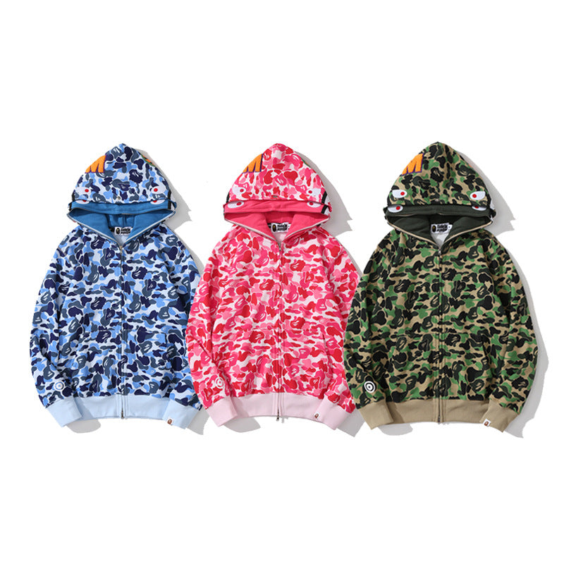 Bathing Shark and ape head print Hoodie Camouflage Double Hat Autumn / Winter Fleece Cardigan Zipper Loose Shark NextBlock