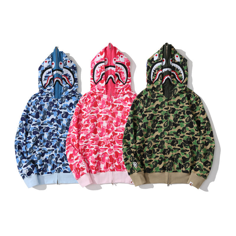 Bathing Shark and ape head print Hoodie Shark Double Hood Men's and Women's Cardigan Zip Sweater NextBlock