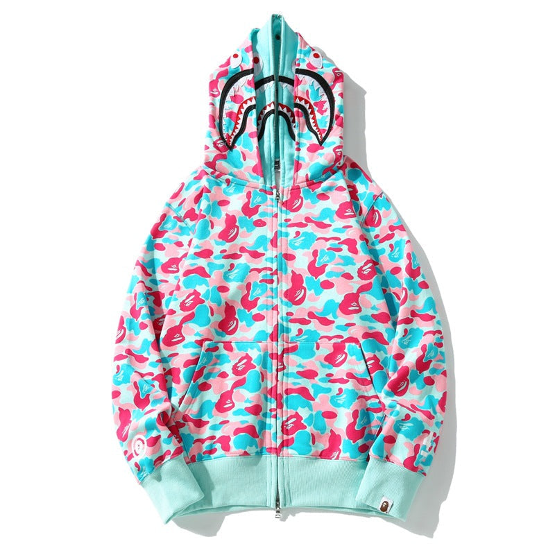 Bathing Shark and ape head print Hoodie Miami Two-Hat Cardigan Zipper Fall / Winter Velvet Shark NextBlock