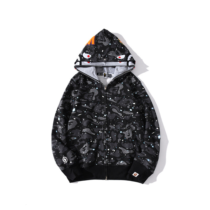 Bathing Shark and ape head print Hoodie Luminous Starry Sky Two-Hat Cardigan Zipper Velvet Shark NextBlock